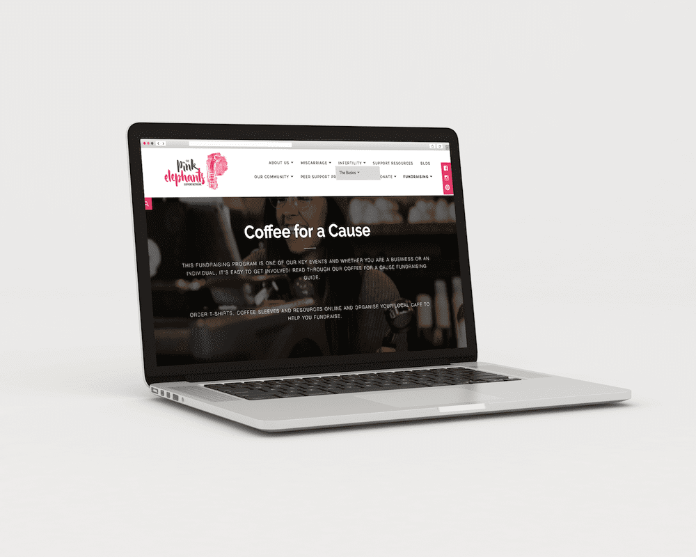 Laptop showing Pink Elephants' 'Coffee for a Cause' fundraising webpage