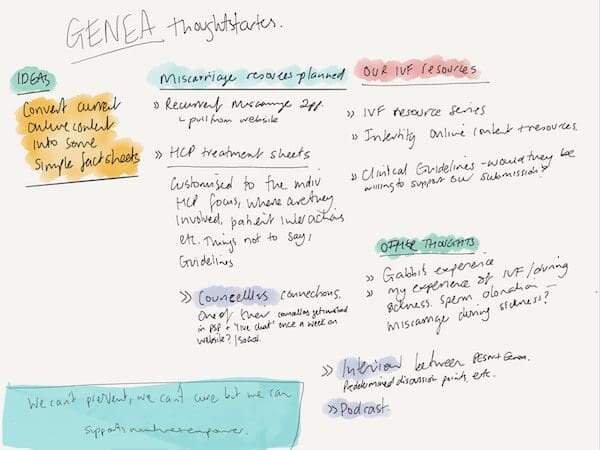 Brainstorming notes on fertility treatment and miscarriage support from GENEA