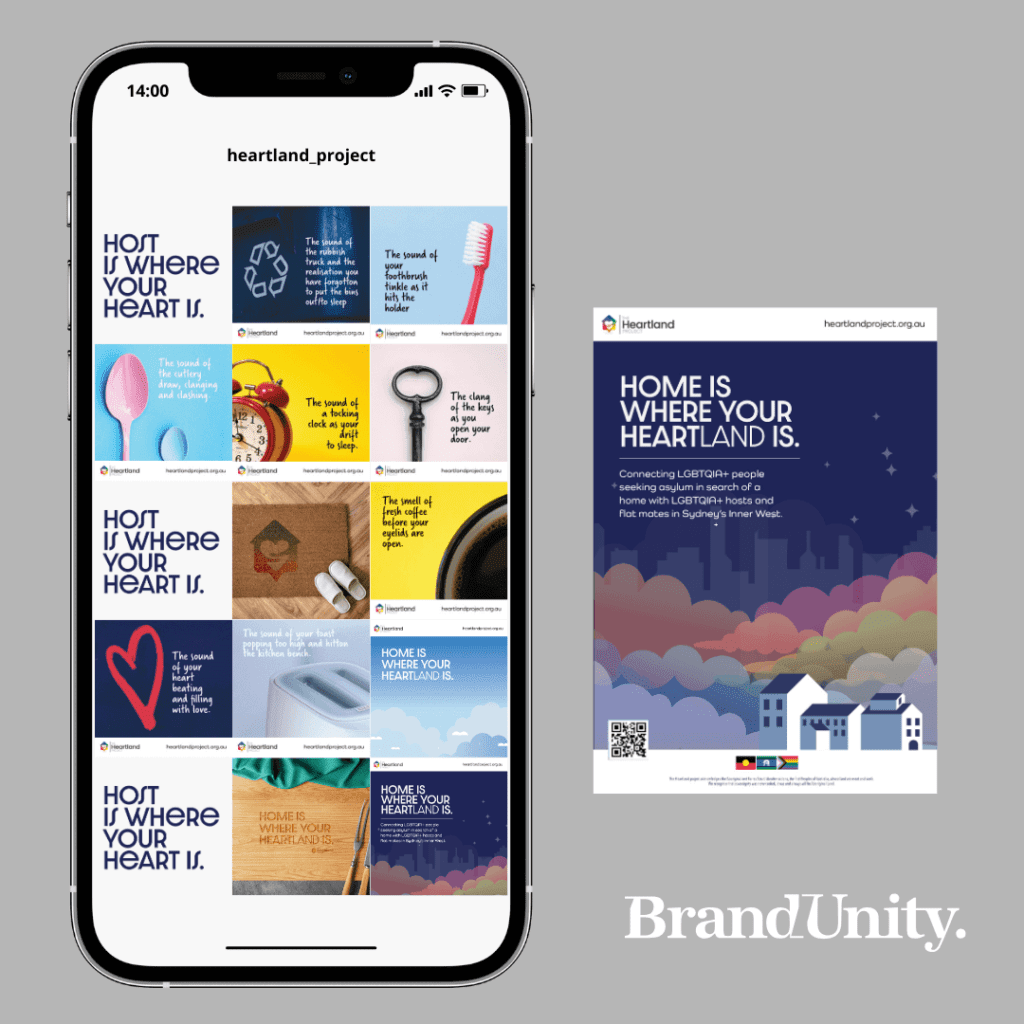 Smartphone displaying 'heartland_project' Instagram profile promoting LGBTQIA+ inclusive housing