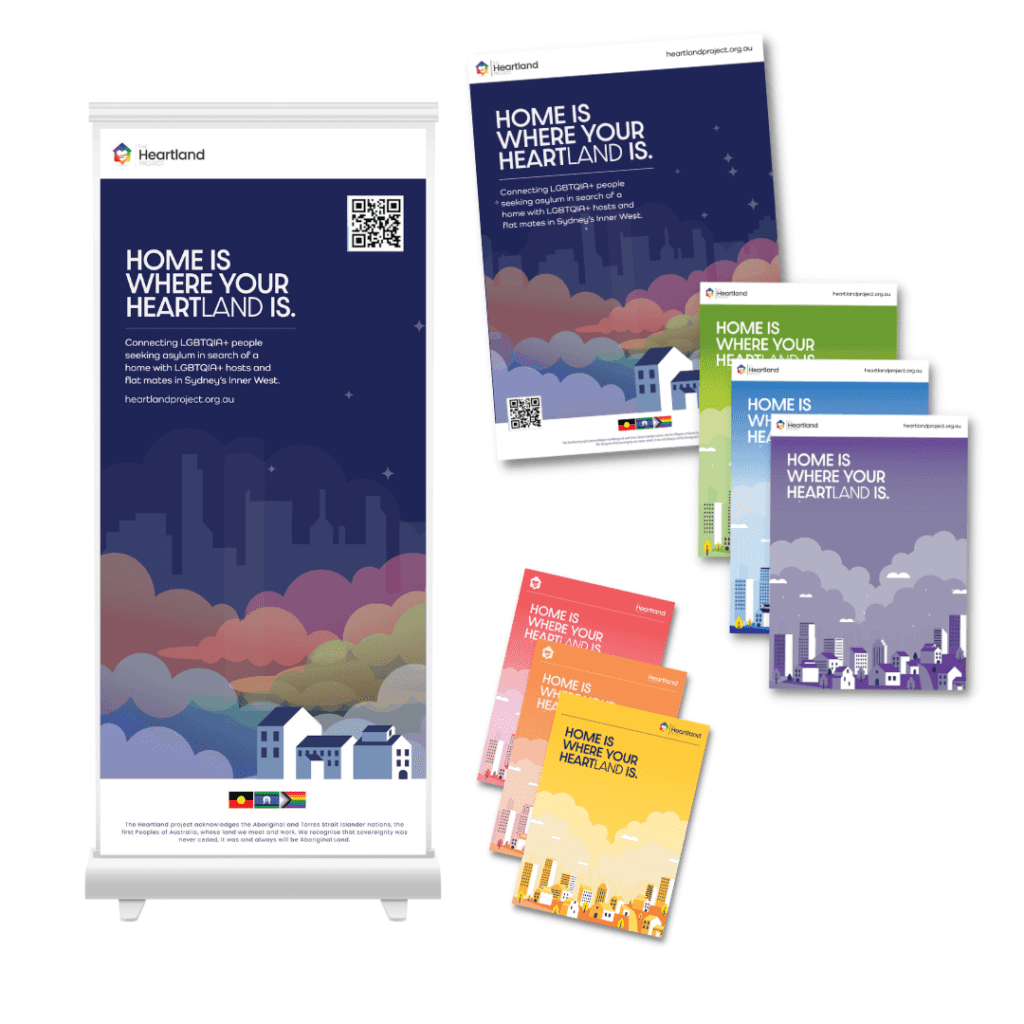 Graphic design promotional materials for Heartland Project's LGBTQIA+ housing support initiative