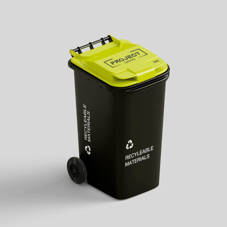 Recyclable materials bin with Project Demo branding and recycling symbols.