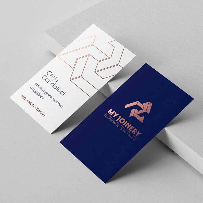 A set of My Joinery business cards designed to reflect a strong brand identity.