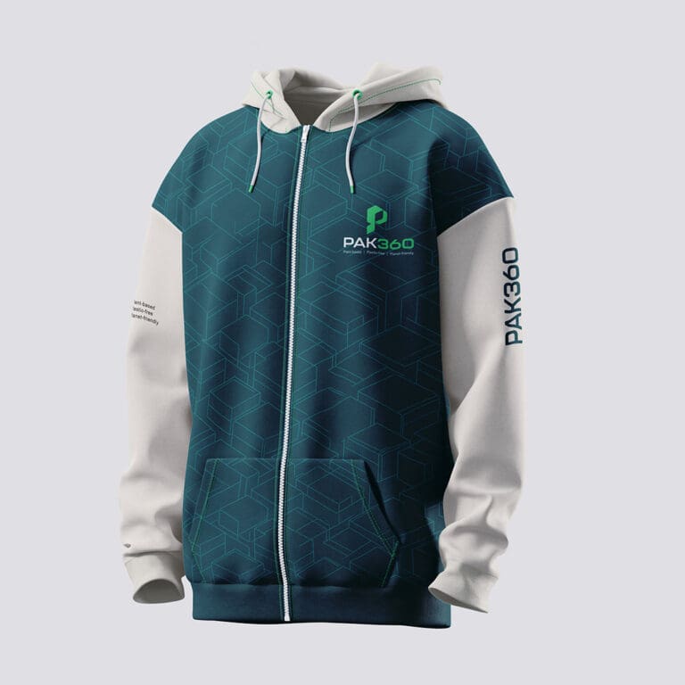 PAK360 branded hoodie with a geometric pattern and eco-friendly messaging.