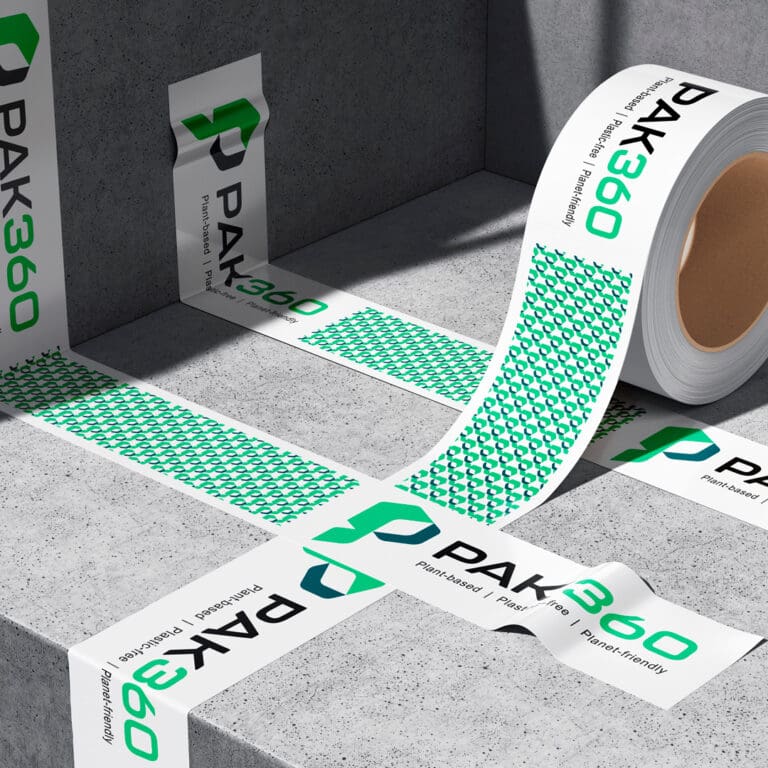 PAK360 branded tape rolls with green geometric patterns and eco-friendly messaging.