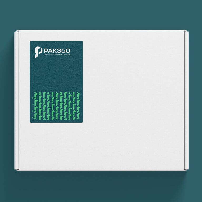 White packaging box with PAK360 logo and eco-friendly branding label.