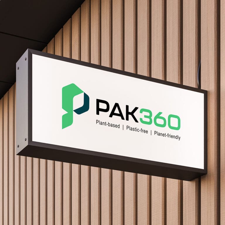 Modern rectangular signboard displaying the PAK360 logo with eco-friendly messaging.